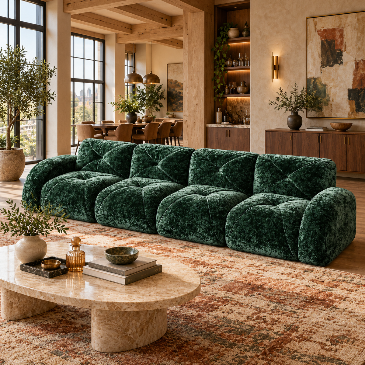 Aven 141" Large Frameless Velvet Modular 4-Seater Sofa with Curved Armrests