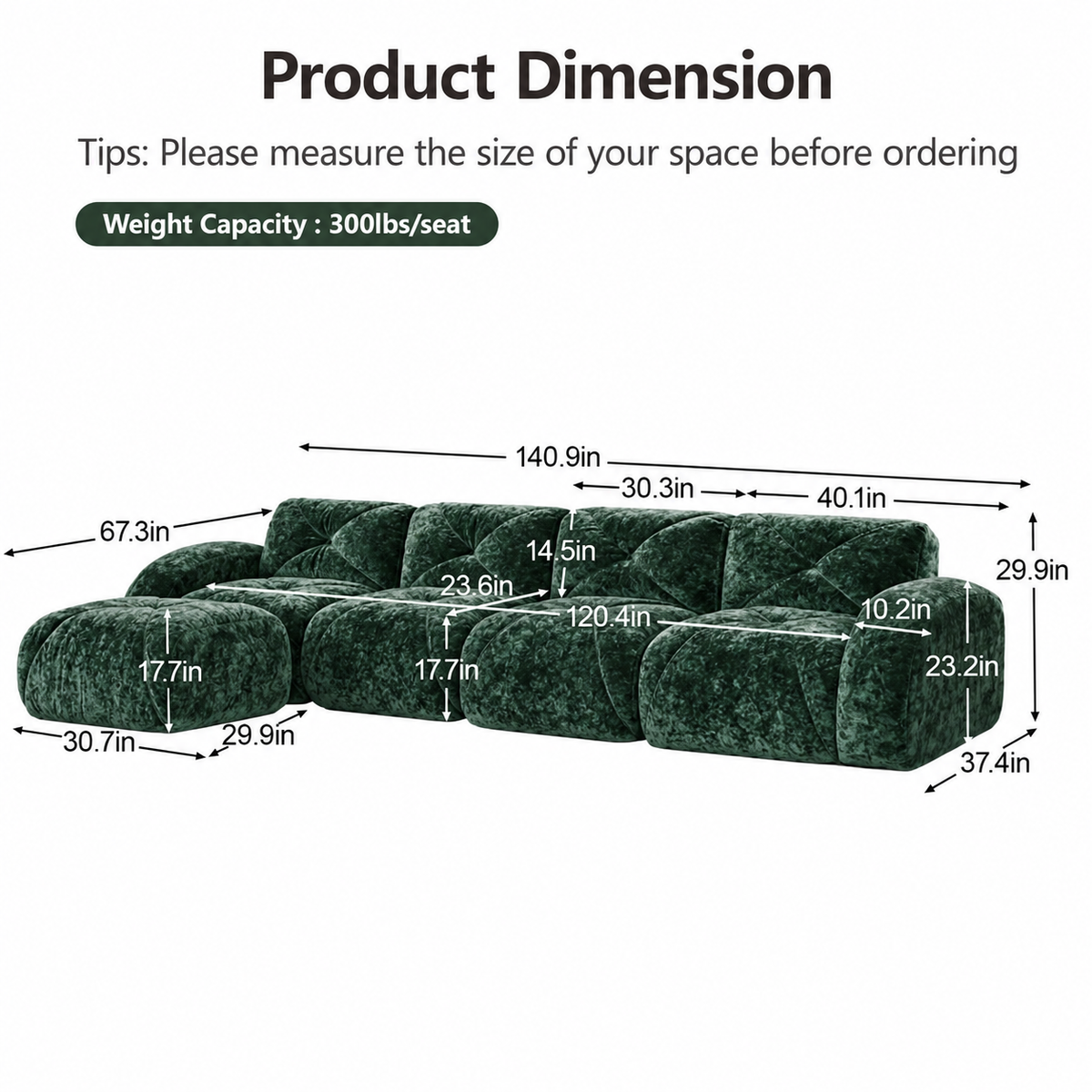 Aven 141" Large Frameless Velvet Modular L-Shaped Sectional Sofa with Ottoman and Curved Armrests