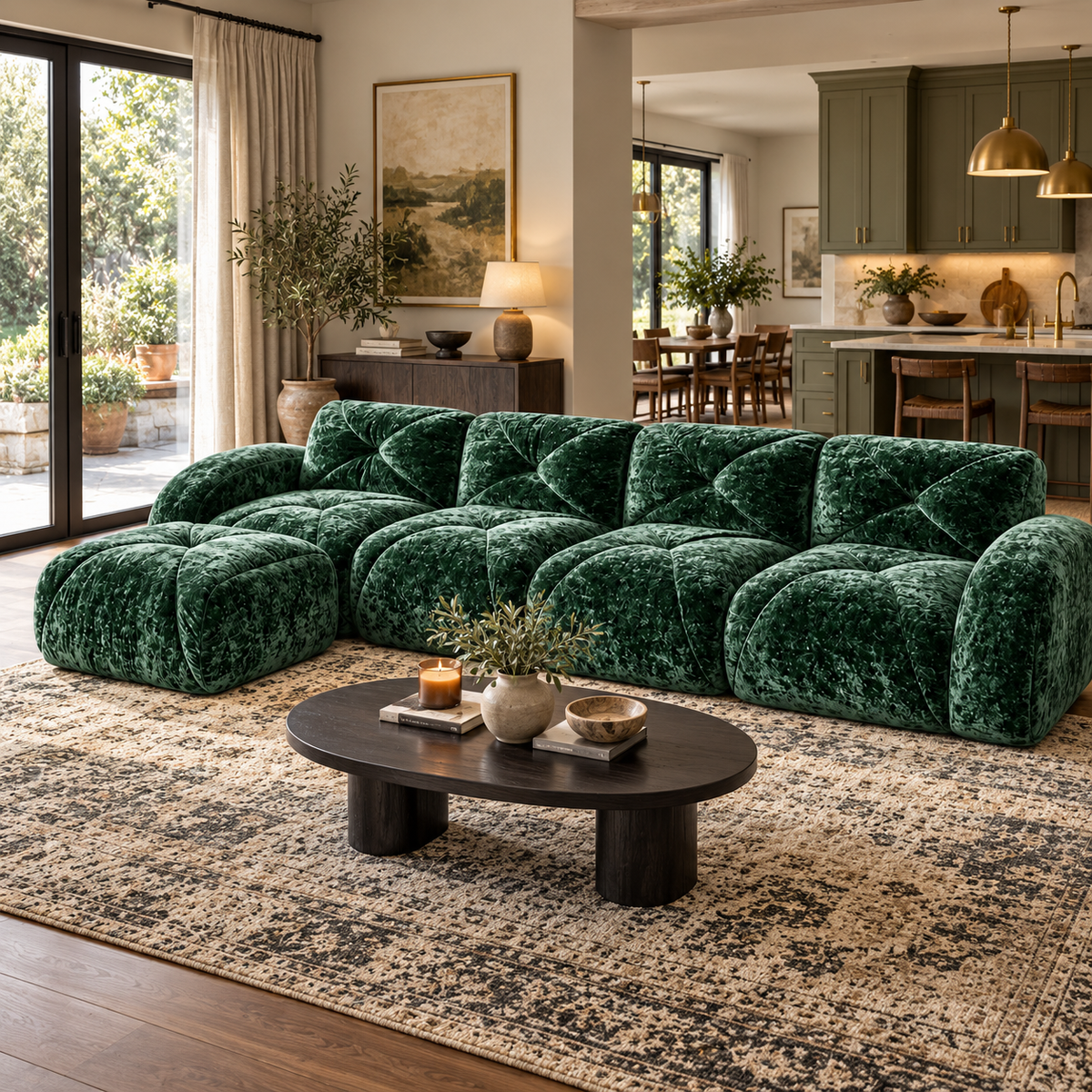 Aven 141" Large Frameless Velvet Modular L-Shaped Sectional Sofa with Ottoman and Curved Armrests
