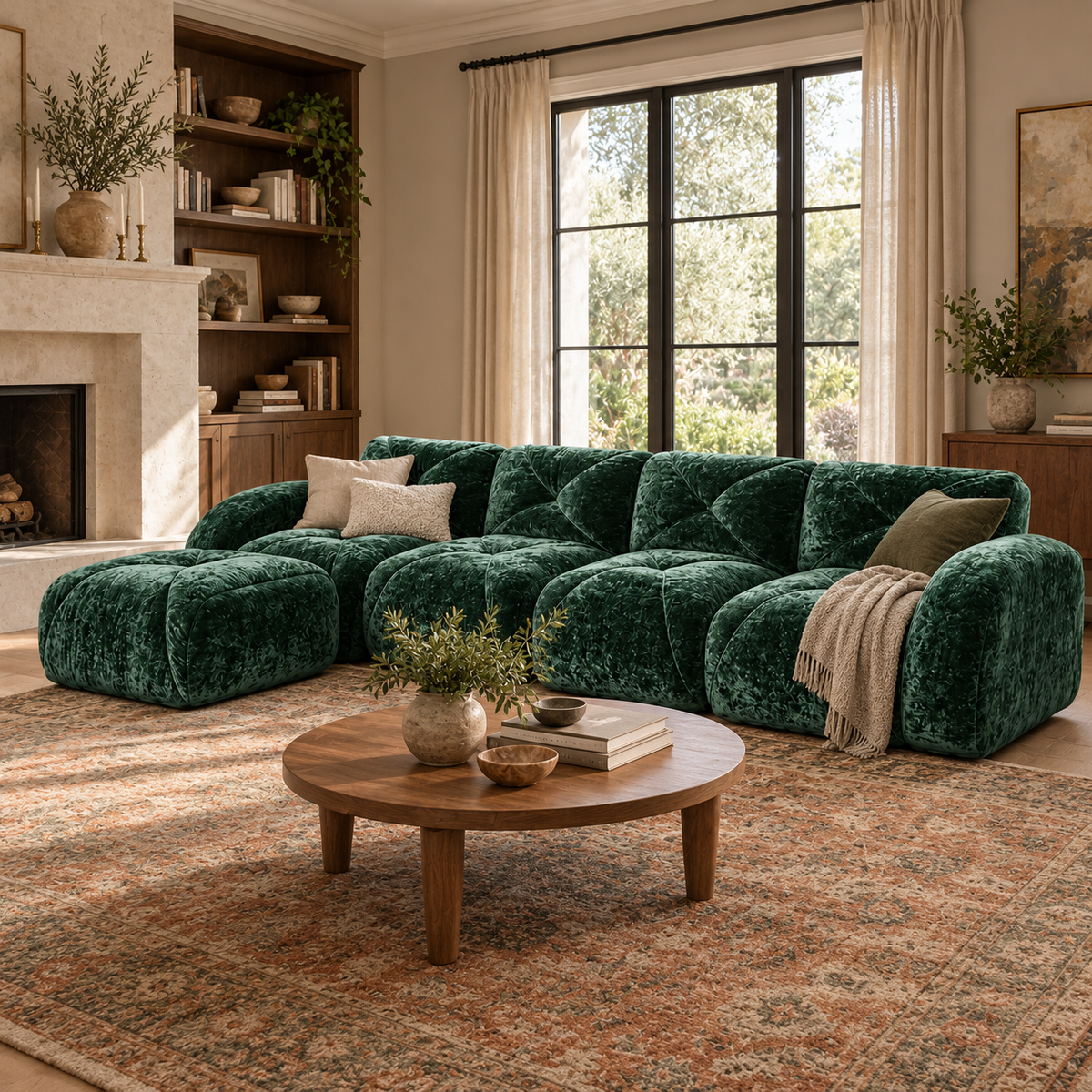 Aven 141" Large Frameless Velvet Modular L-Shaped Sectional Sofa with Ottoman and Curved Armrests
