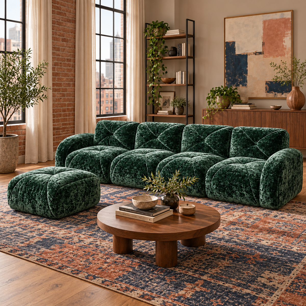 Aven 141" Large Frameless Velvet Modular L-Shaped Sectional Sofa with Ottoman and Curved Armrests