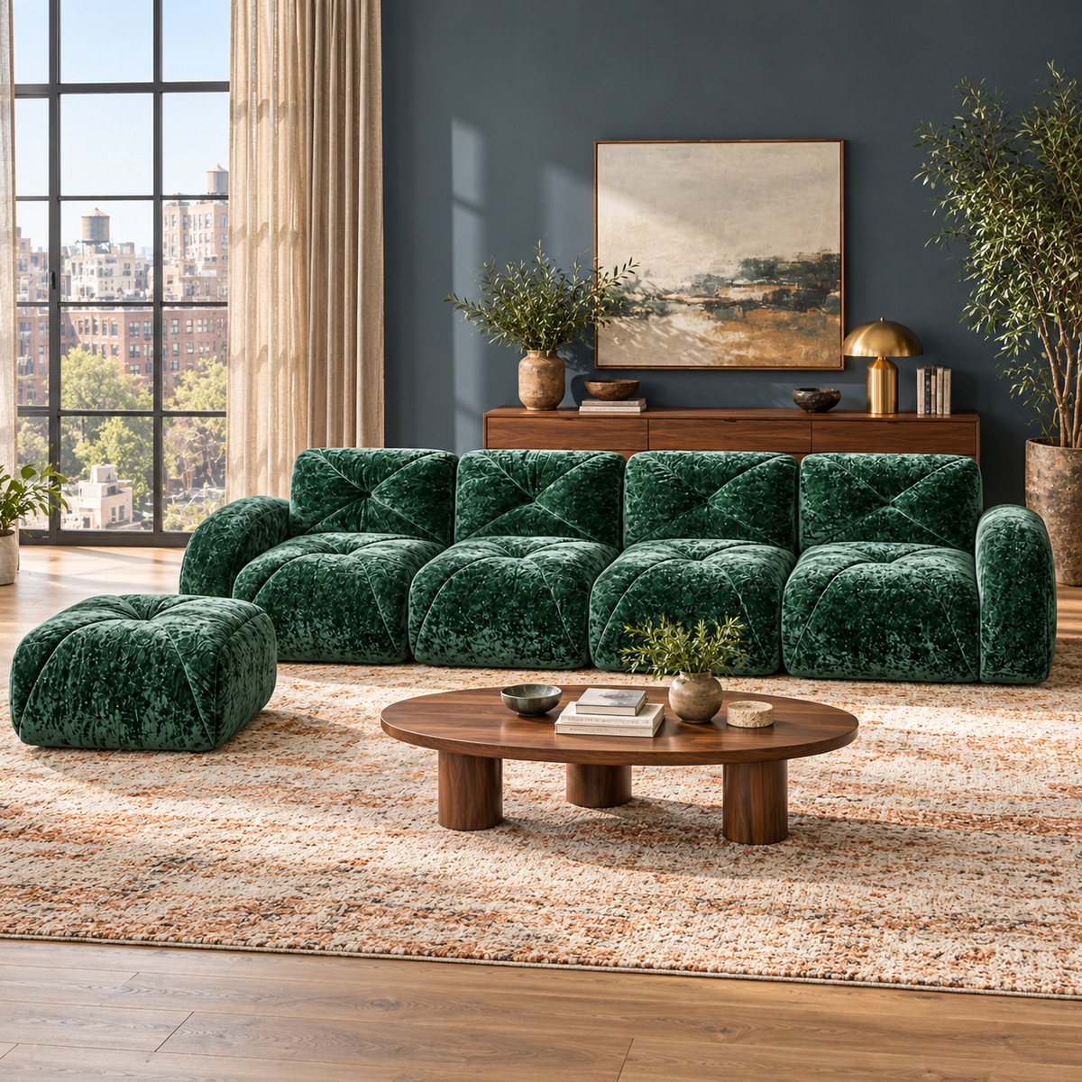 Aven 141" Large Frameless Velvet Modular L-Shaped Sectional Sofa with Ottoman and Curved Armrests