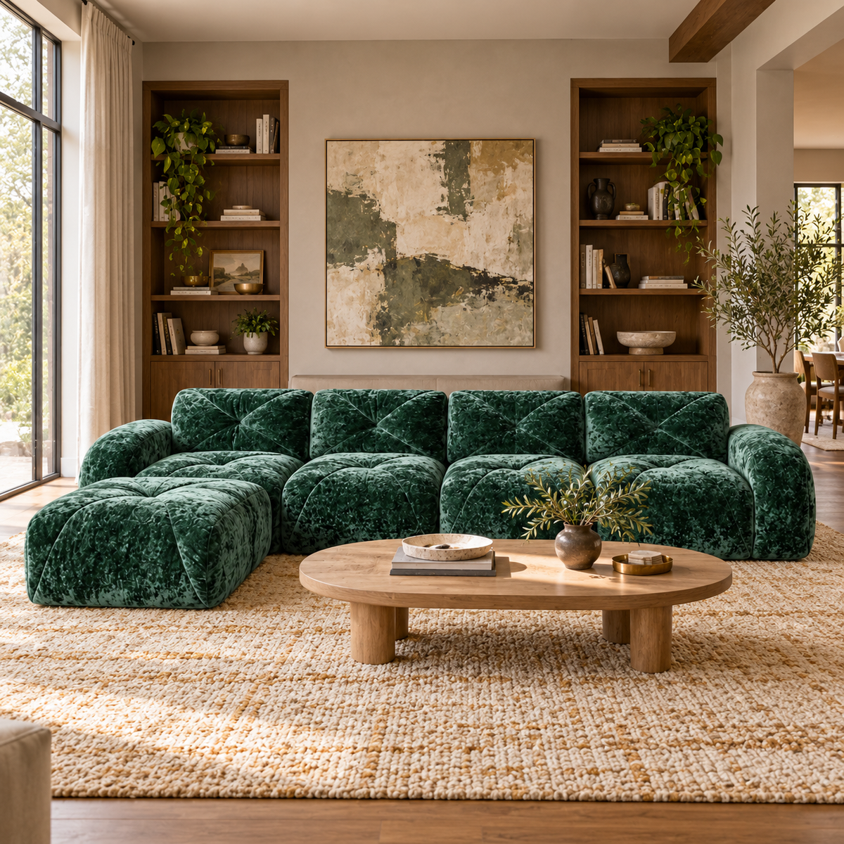 Aven 141" Large Frameless Velvet Modular L-Shaped Sectional Sofa with Ottoman and Curved Armrests