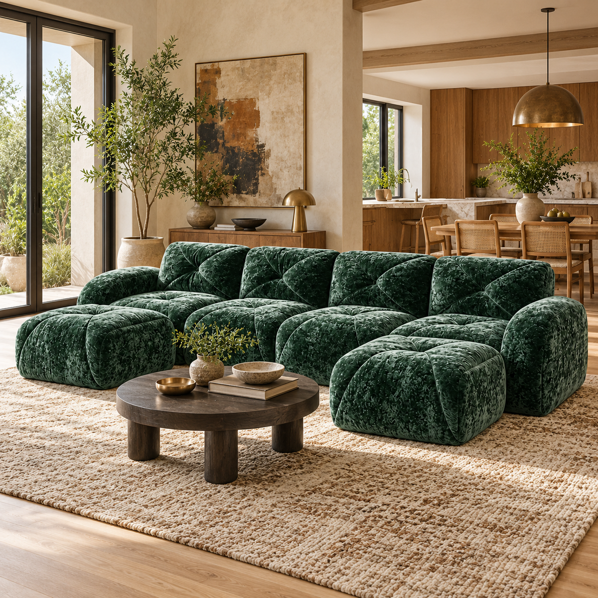Aven 141" Frameless Velvet Modular U-Shaped Sectional Sofa with Ottomans and Curved Armrests