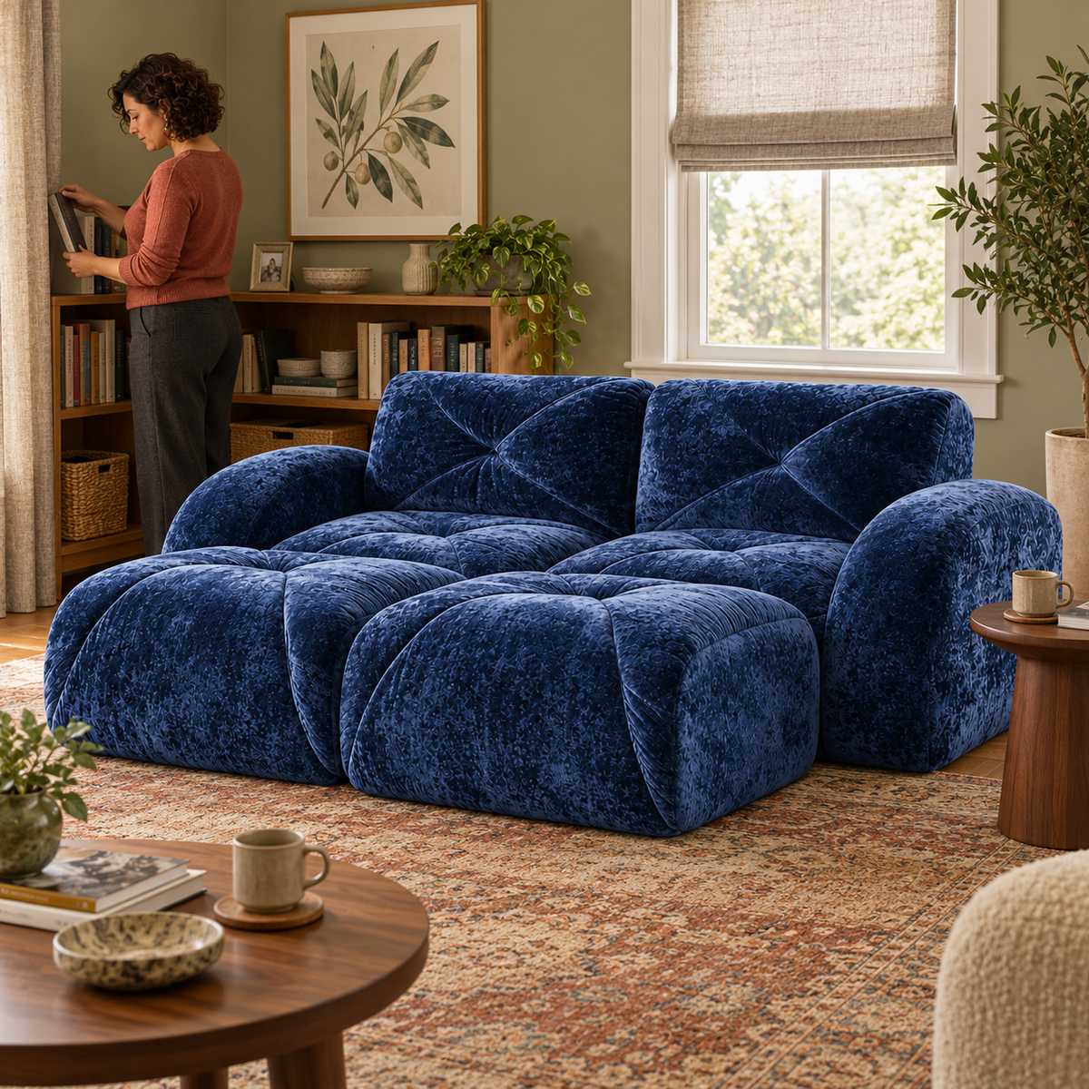 Aven 80" Frameless Velvet 4-Piece Modular Sofa with 2 Ottomans and Double Chaise