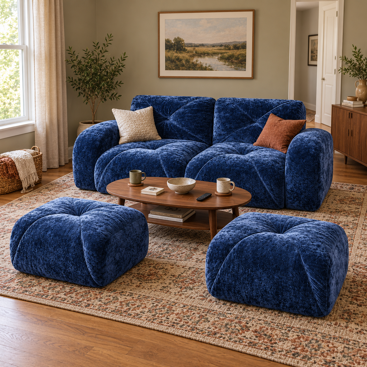 Aven 80" Frameless Velvet 4-Piece Modular Sofa with 2 Ottomans and Double Chaise