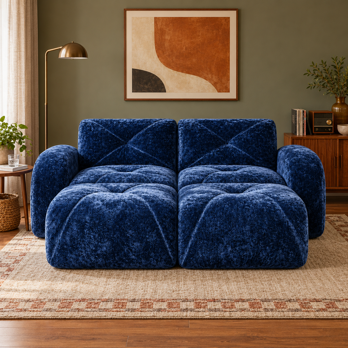 Aven 80" Frameless Velvet 4-Piece Modular Sofa with 2 Ottomans and Double Chaise