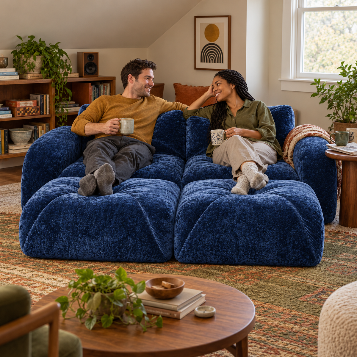 Aven 80" Frameless Velvet 4-Piece Modular Sofa with 2 Ottomans and Double Chaise