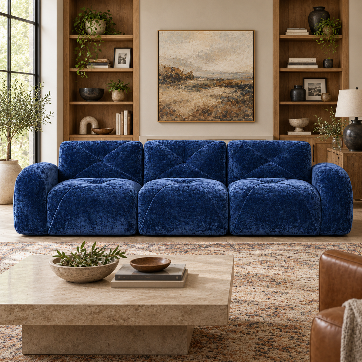 Aven 110" Extra-Long Frameless Velvet Modular 3-Seater Sofa with Curved Armrests