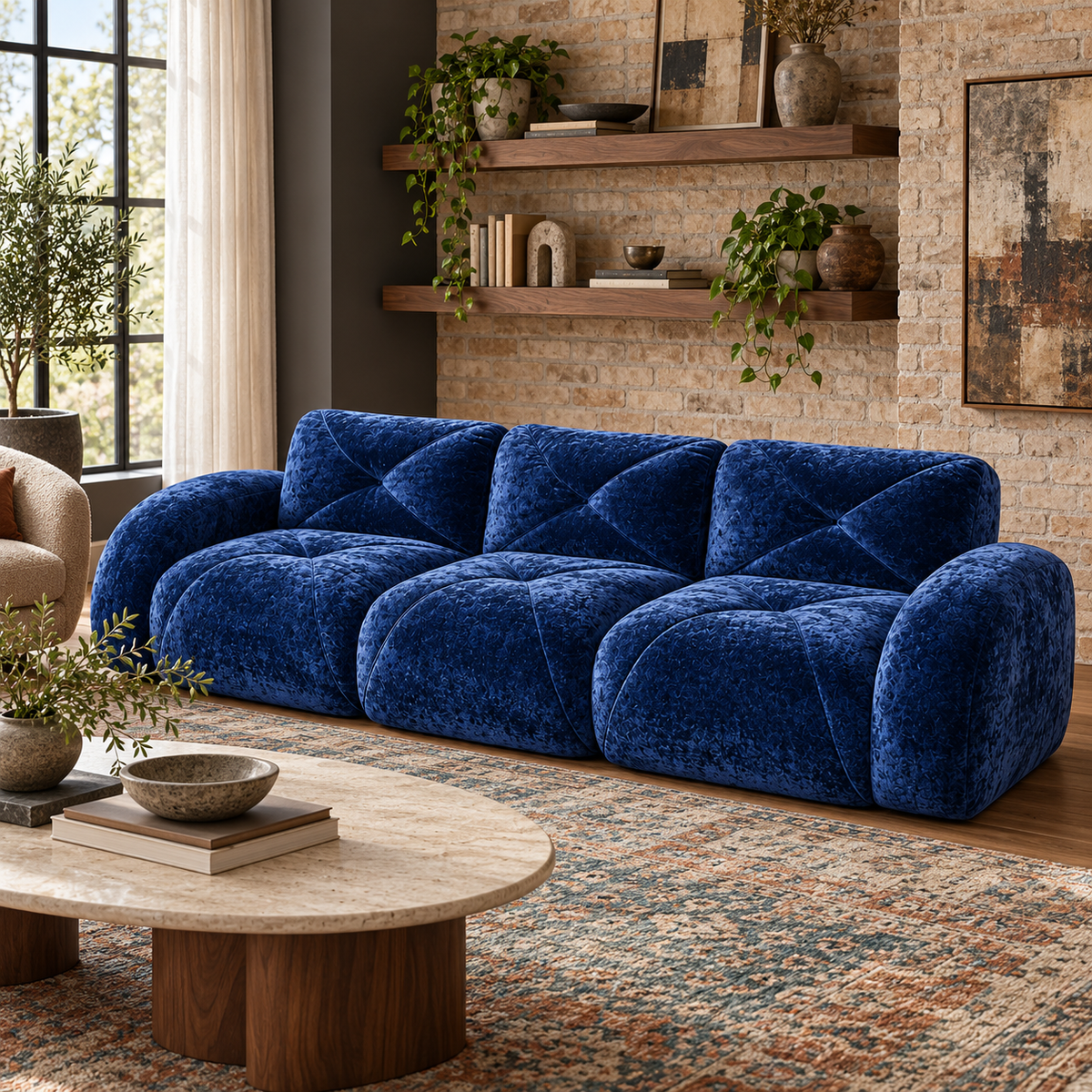 Aven 110" Extra-Long Frameless Velvet Modular 3-Seater Sofa with Curved Armrests