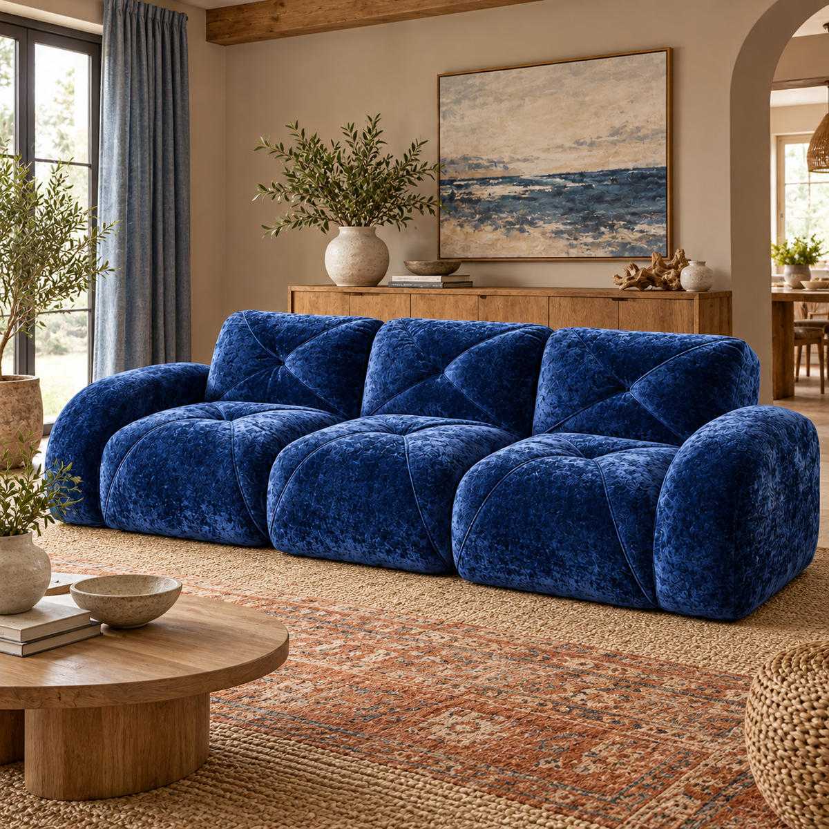 Aven 110" Extra-Long Frameless Velvet Modular 3-Seater Sofa with Curved Armrests