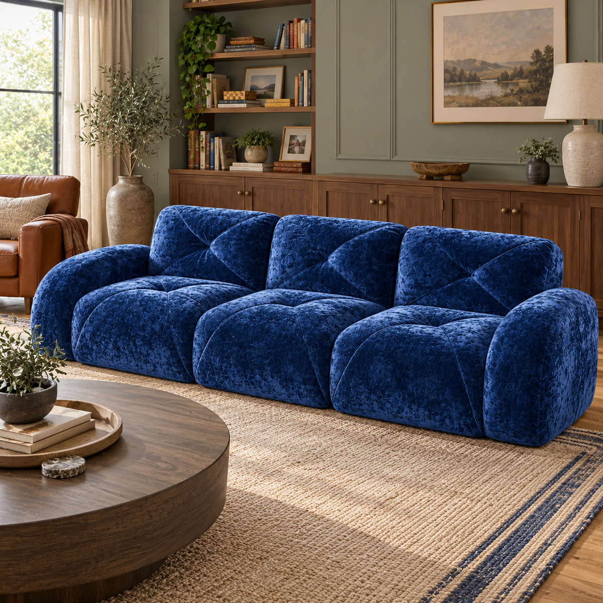 Aven 110" Extra-Long Frameless Velvet Modular 3-Seater Sofa with Curved Armrests