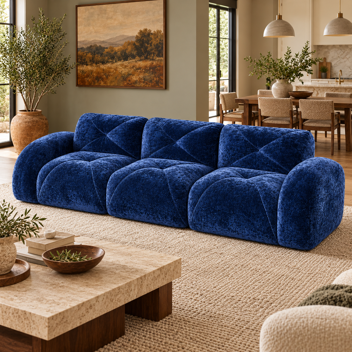 Aven 110" Extra-Long Frameless Velvet Modular 3-Seater Sofa with Curved Armrests