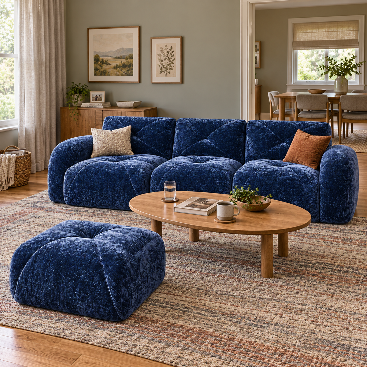 Aven 111" Frameless Velvet Modular L-Shaped Sectional Sofa with Movable Ottoman