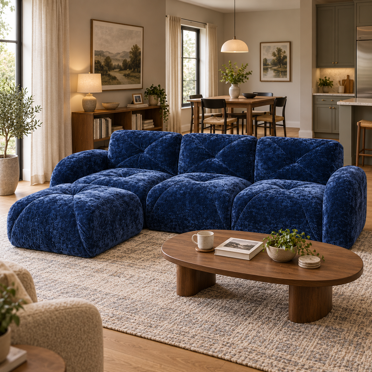 Aven 111" Frameless Velvet Modular L-Shaped Sectional Sofa with Movable Ottoman