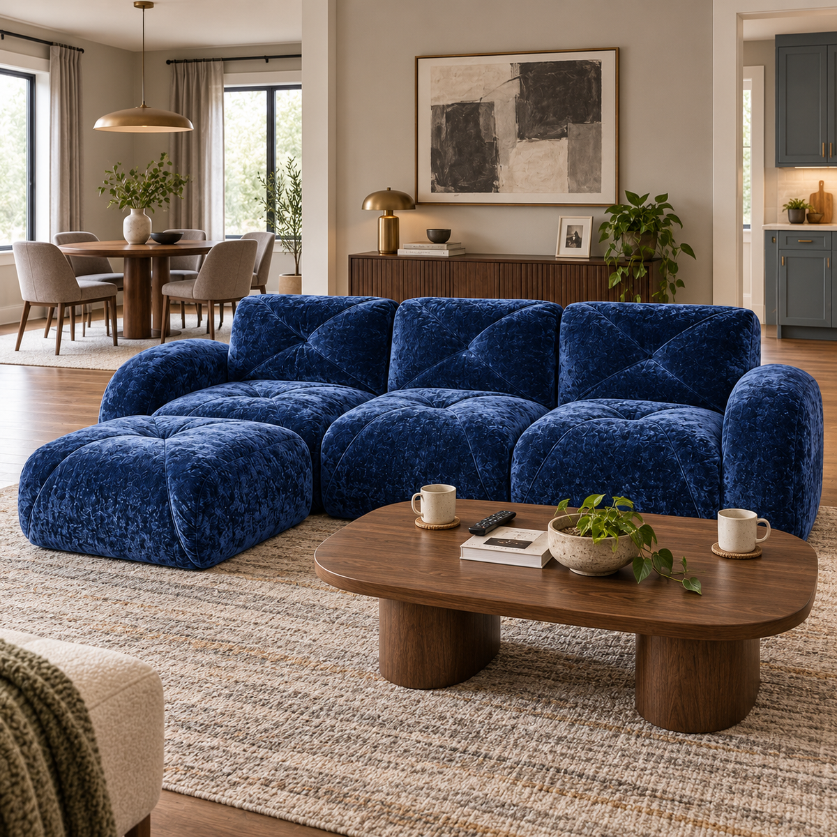Aven 111" Frameless Velvet Modular L-Shaped Sectional Sofa with Movable Ottoman