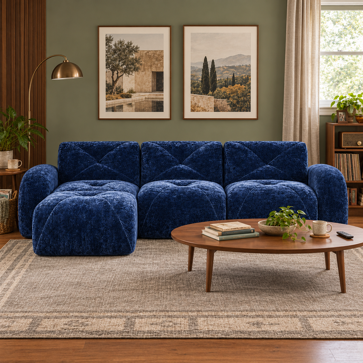 Aven 111" Frameless Velvet Modular L-Shaped Sectional Sofa with Movable Ottoman