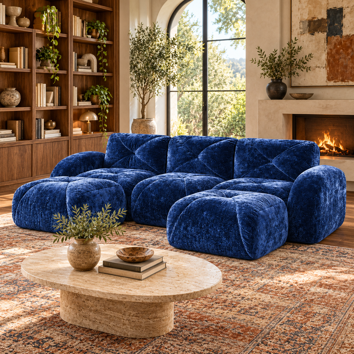 Aven 111" Frameless Velvet Modular U-Shaped Sectional Sofa with Ottomans and Curved Armrests