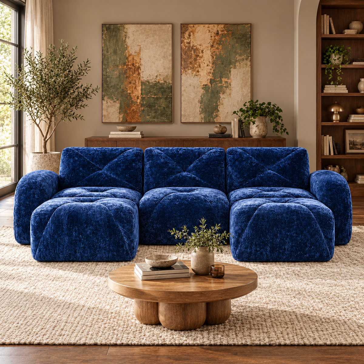 Aven 111" Frameless Velvet Modular U-Shaped Sectional Sofa with Ottomans and Curved Armrests