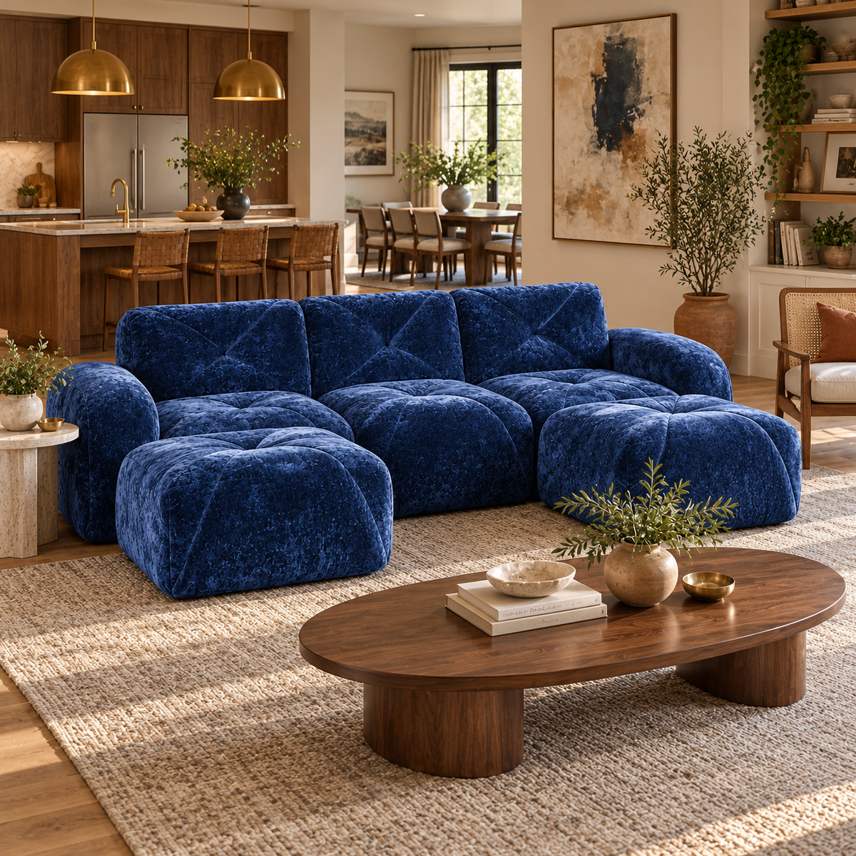 Aven 111" Frameless Velvet Modular U-Shaped Sectional Sofa with Ottomans and Curved Armrests