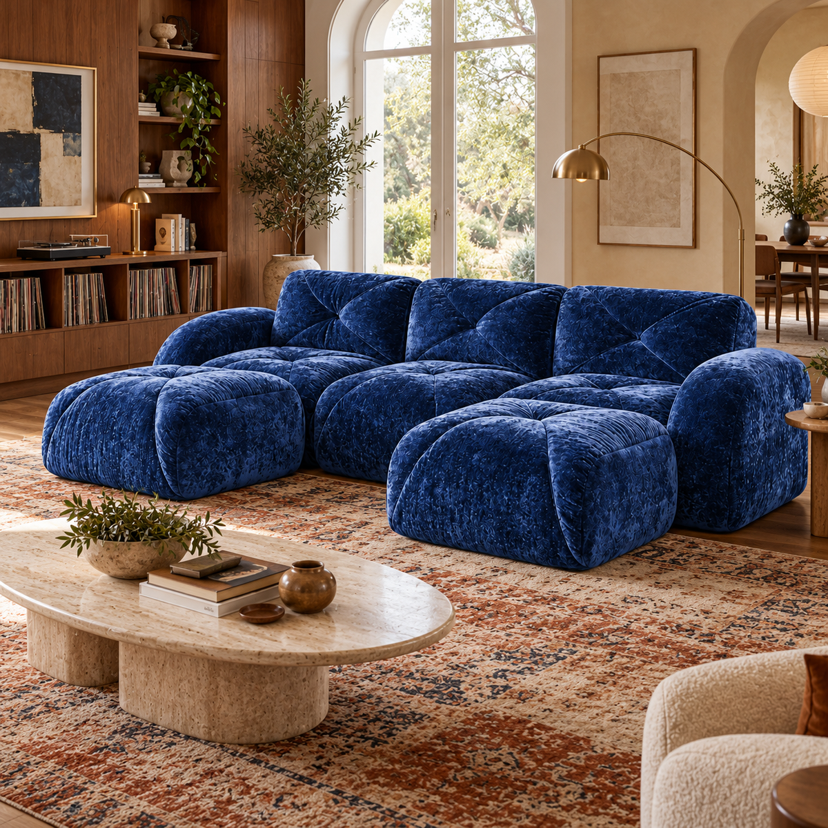 Aven 111" Frameless Velvet Modular U-Shaped Sectional Sofa with Ottomans and Curved Armrests