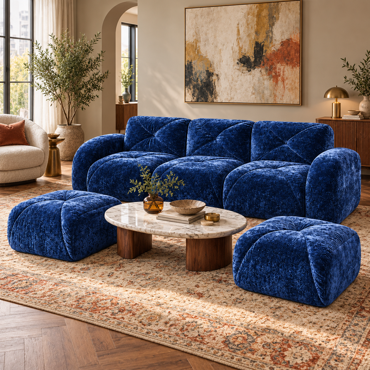 Aven 111" Frameless Velvet Modular U-Shaped Sectional Sofa with Ottomans and Curved Armrests