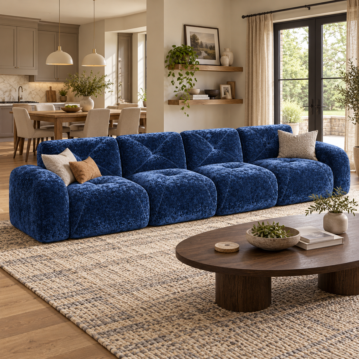 Aven 141" Large Frameless Velvet Modular 4-Seater Sofa with Curved Armrests