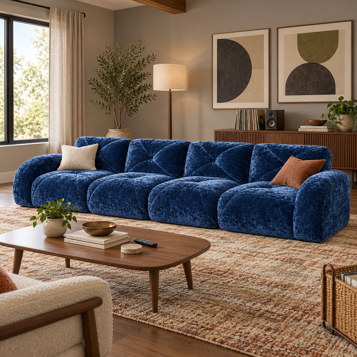 Aven 141" Large Frameless Velvet Modular 4-Seater Sofa with Curved Armrests