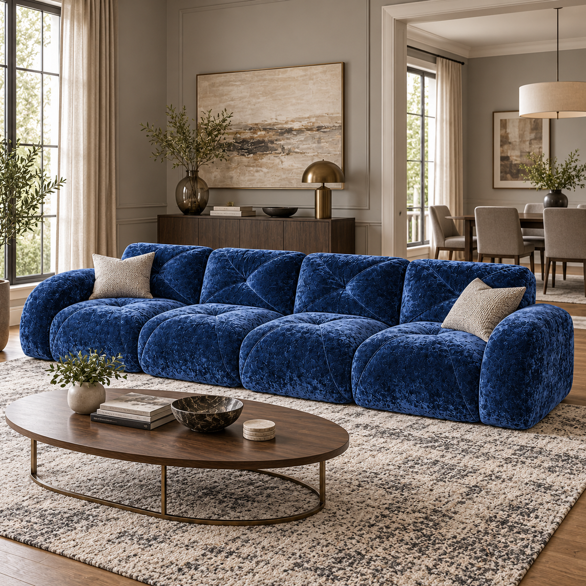Aven 141" Large Frameless Velvet Modular 4-Seater Sofa with Curved Armrests