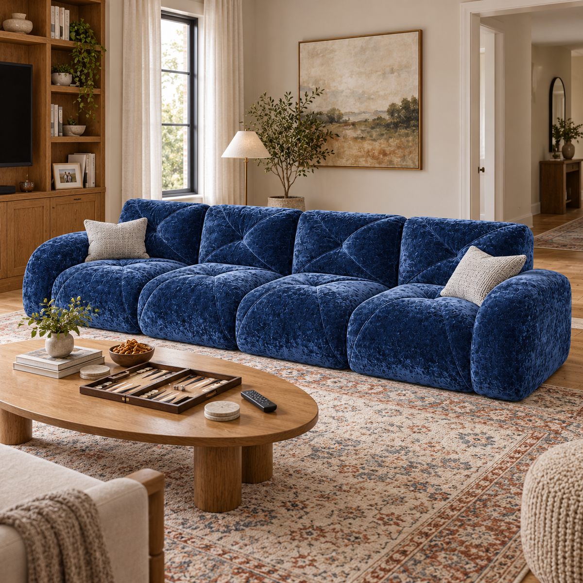 Aven 141" Large Frameless Velvet Modular 4-Seater Sofa with Curved Armrests