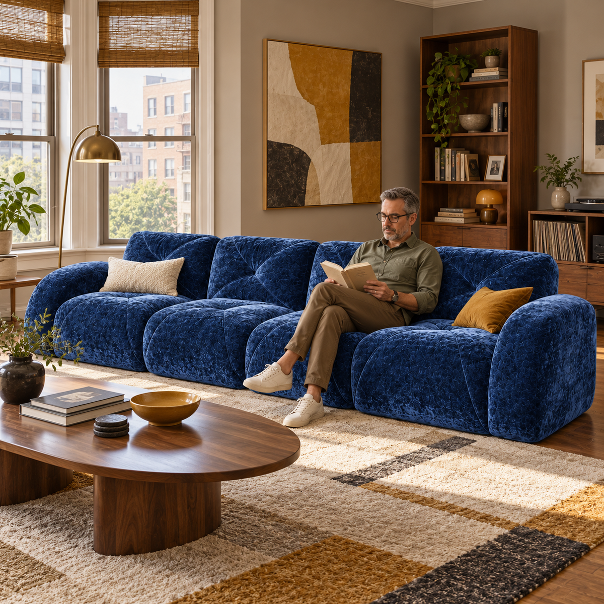 Aven 141" Large Frameless Velvet Modular 4-Seater Sofa with Curved Armrests