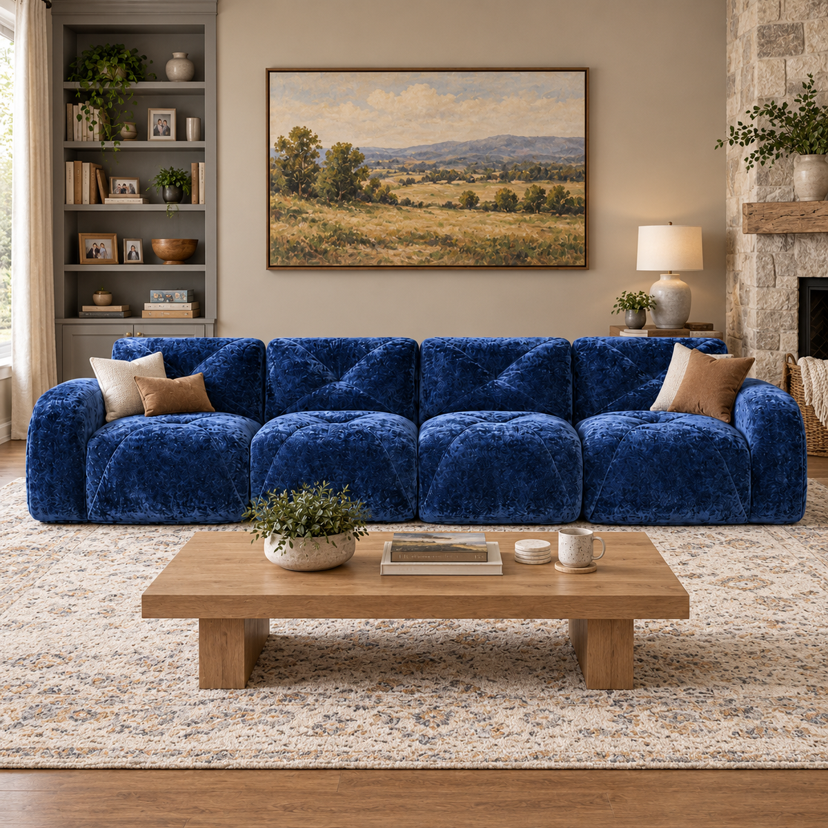 Aven 141" Large Frameless Velvet Modular 4-Seater Sofa with Curved Armrests