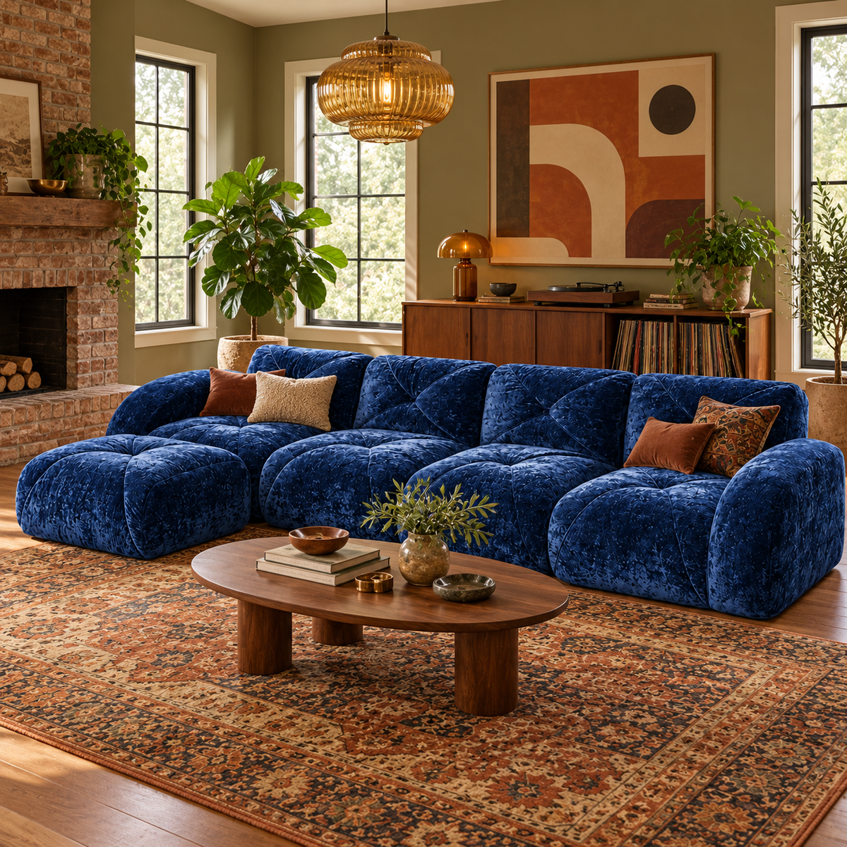 Aven 141" Large Frameless Velvet Modular L-Shaped Sectional Sofa with Ottoman and Curved Armrests