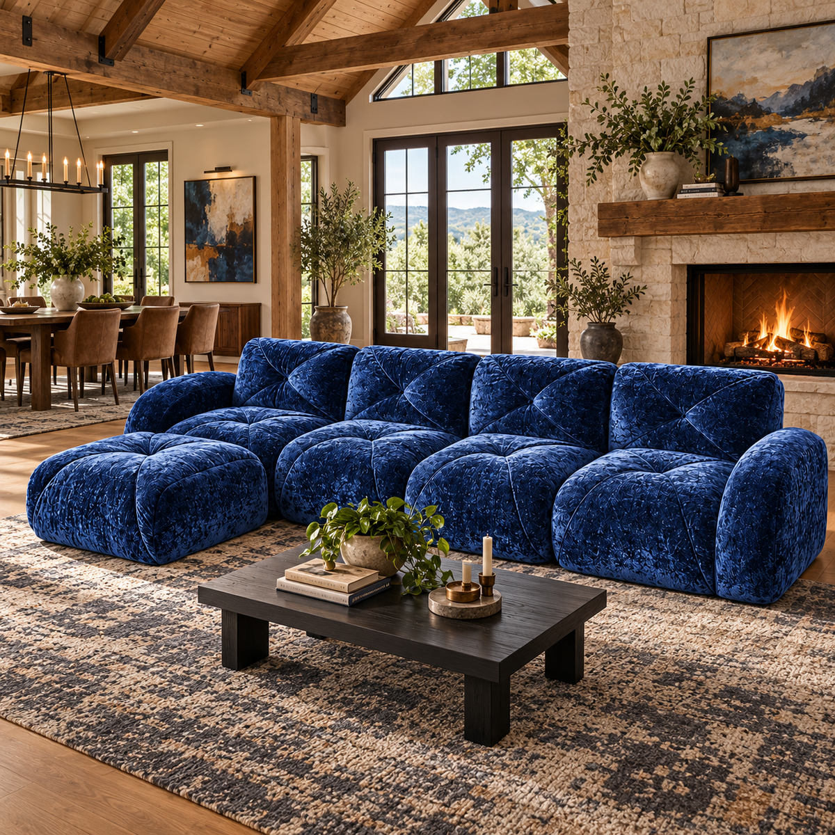 Aven 141" Large Frameless Velvet Modular L-Shaped Sectional Sofa with Ottoman and Curved Armrests