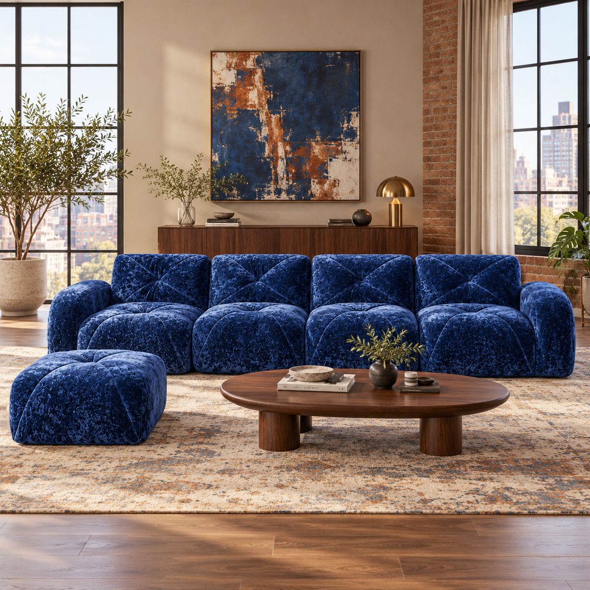 Aven 141" Large Frameless Velvet Modular L-Shaped Sectional Sofa with Ottoman and Curved Armrests