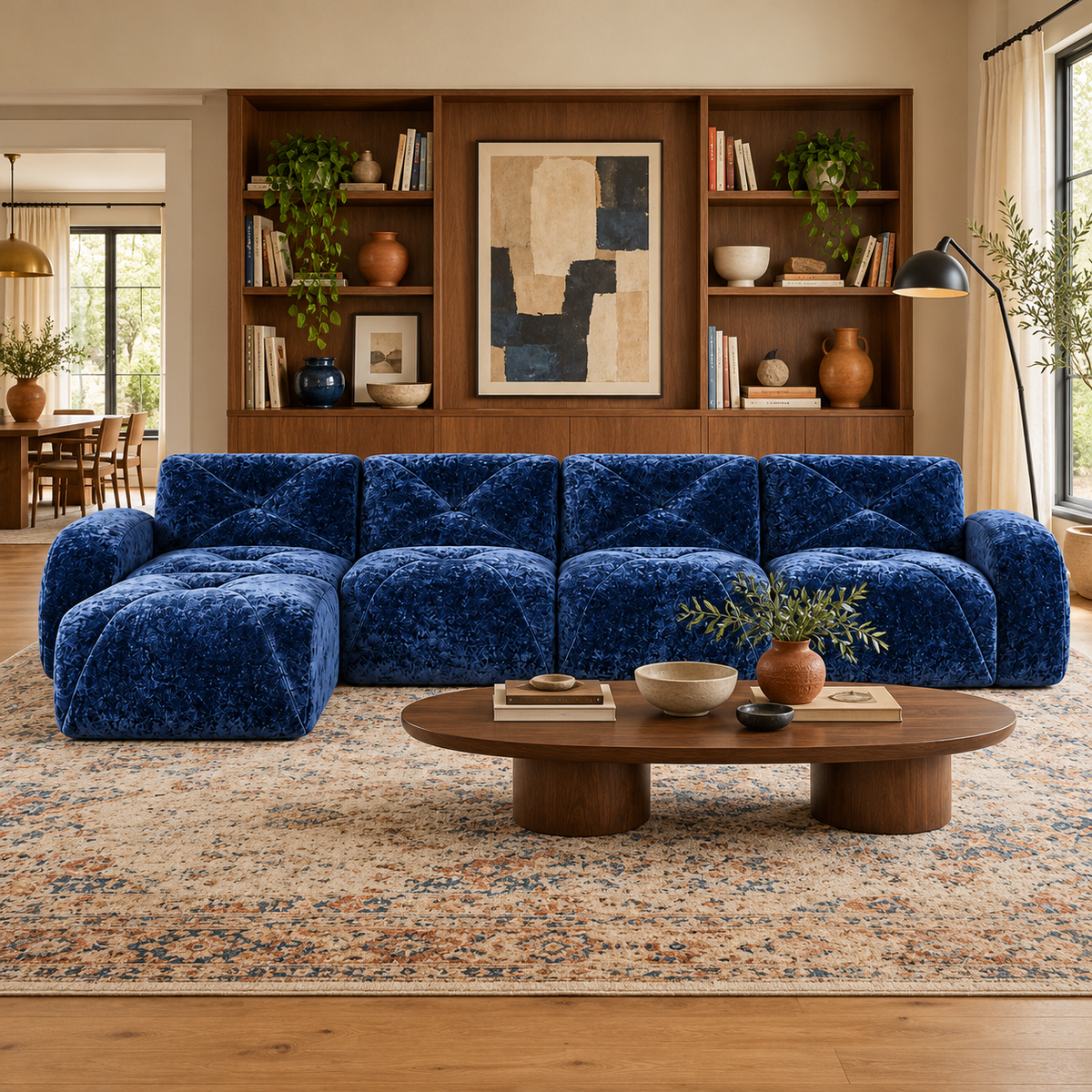 Aven 141" Large Frameless Velvet Modular L-Shaped Sectional Sofa with Ottoman and Curved Armrests