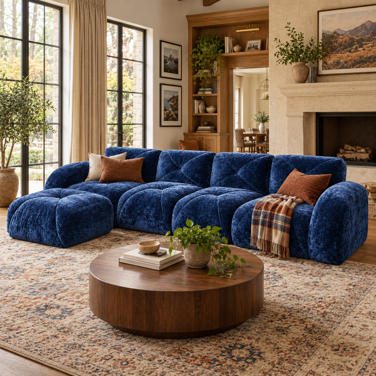 Aven 141" Large Frameless Velvet Modular L-Shaped Sectional Sofa with Ottoman and Curved Armrests