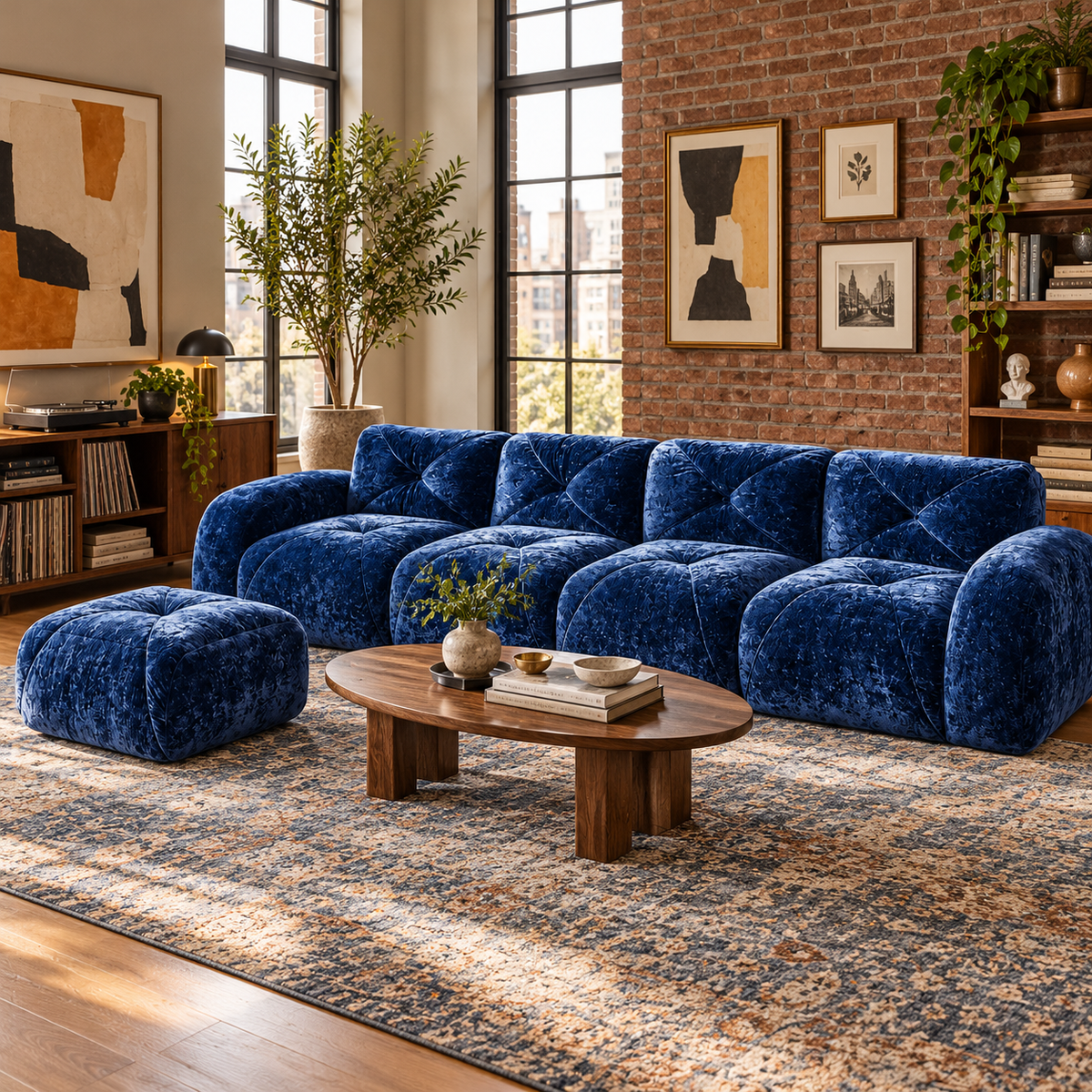 Aven 141" Large Frameless Velvet Modular L-Shaped Sectional Sofa with Ottoman and Curved Armrests