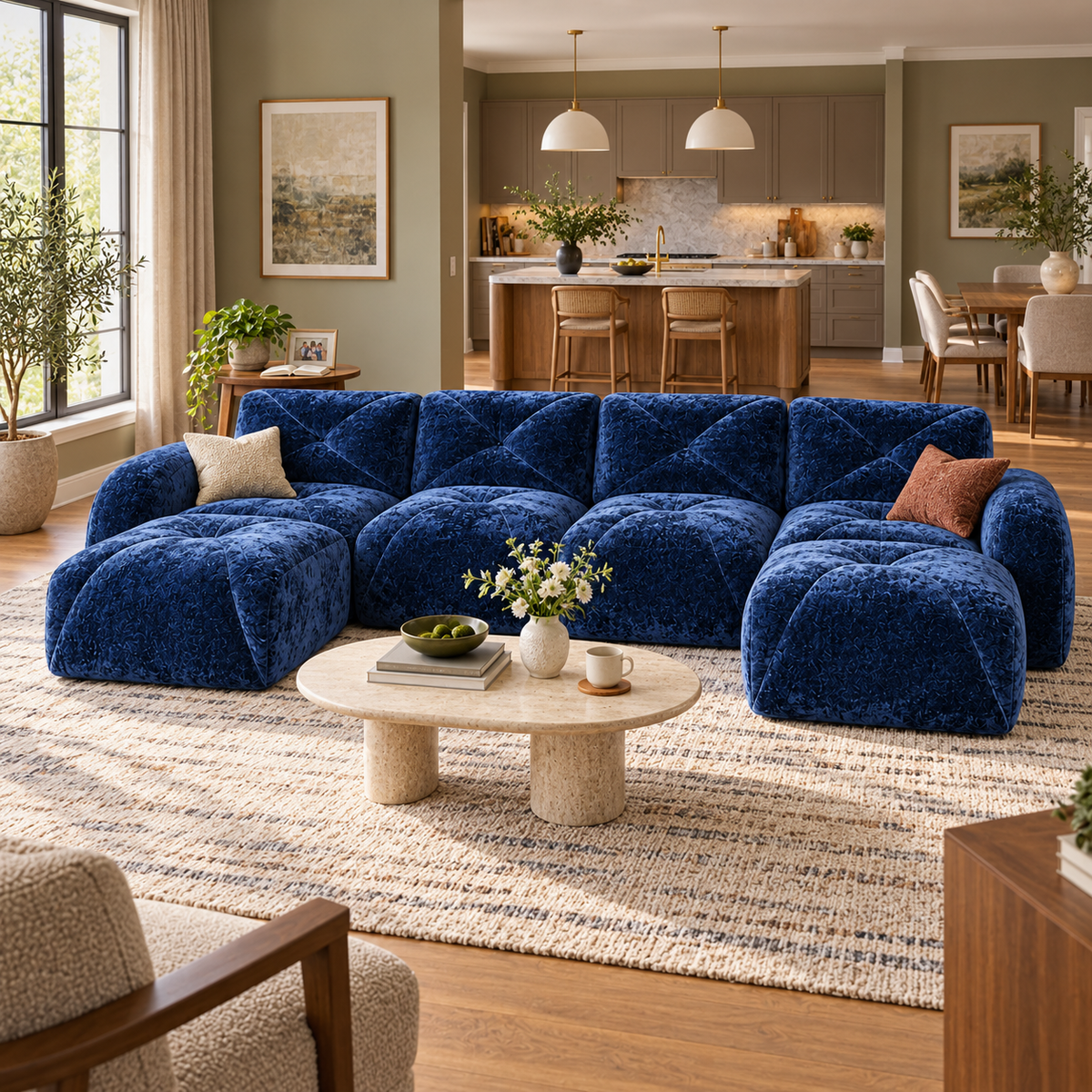Aven 141" Frameless Velvet Modular U-Shaped Sectional Sofa with Ottomans and Curved Armrests