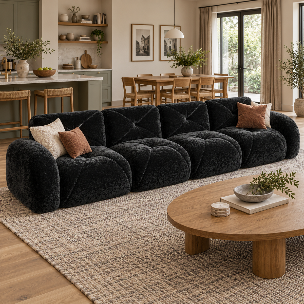Aven 141" Large Frameless Velvet Modular 4-Seater Sofa with Curved Armrests