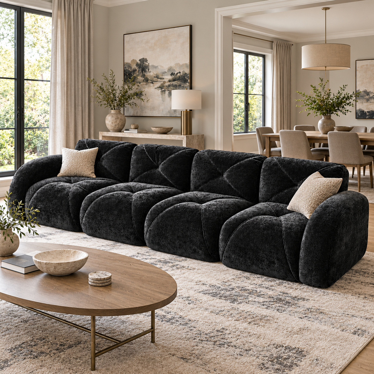 Aven 141" Large Frameless Velvet Modular 4-Seater Sofa with Curved Armrests