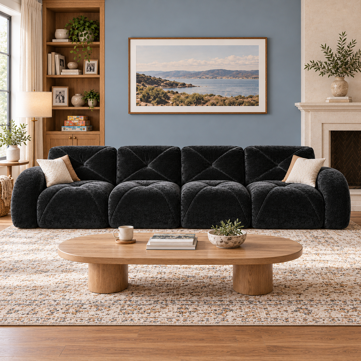 Aven 141" Large Frameless Velvet Modular 4-Seater Sofa with Curved Armrests