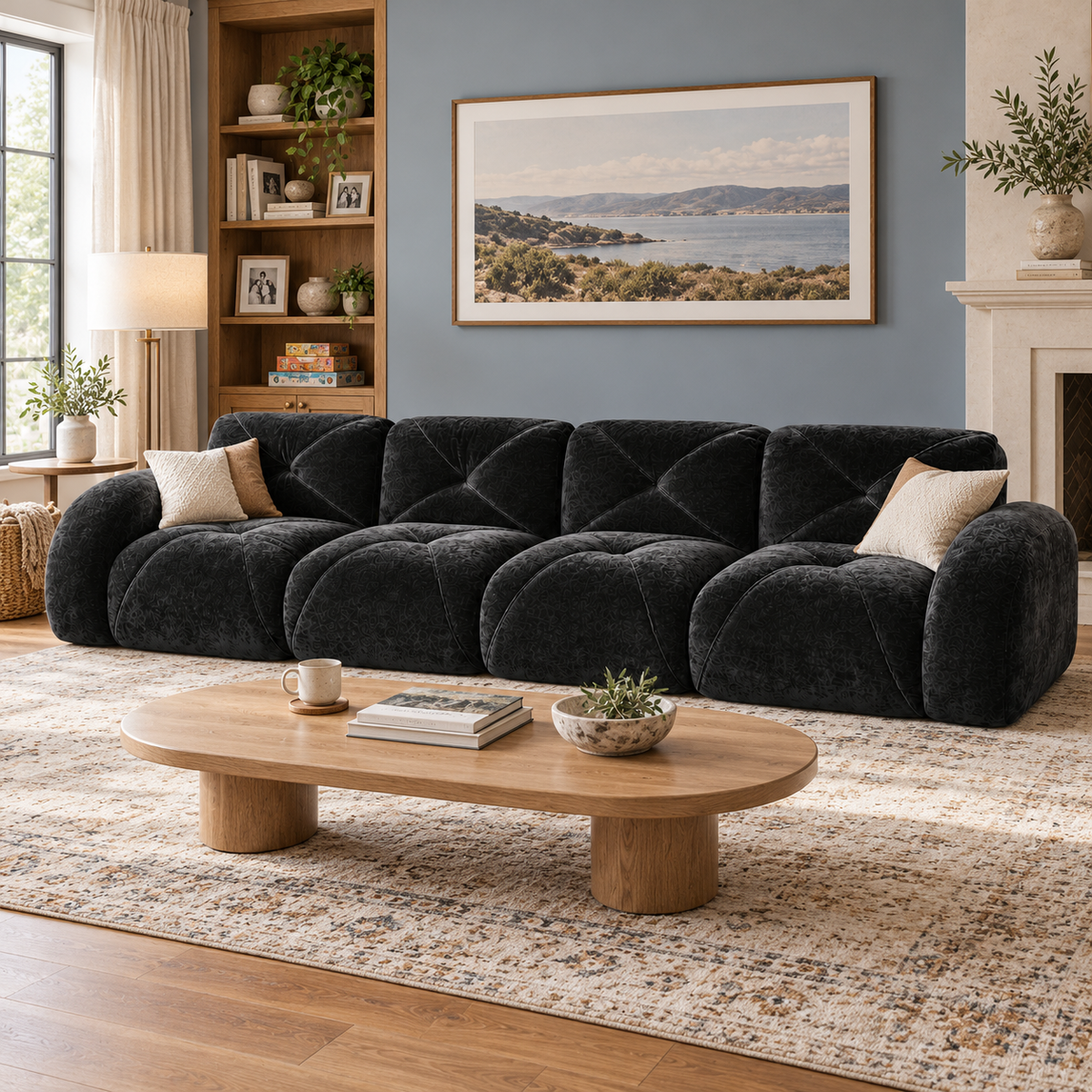 Aven 141" Large Frameless Velvet Modular 4-Seater Sofa with Curved Armrests