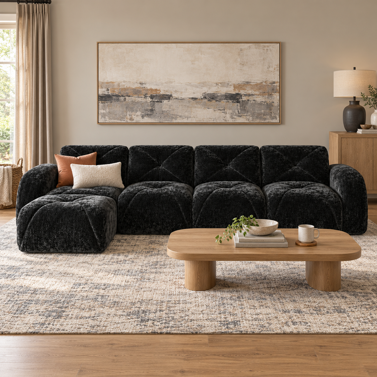 Aven 141" Large Frameless Velvet Modular L-Shaped Sectional Sofa with Ottoman and Curved Armrests