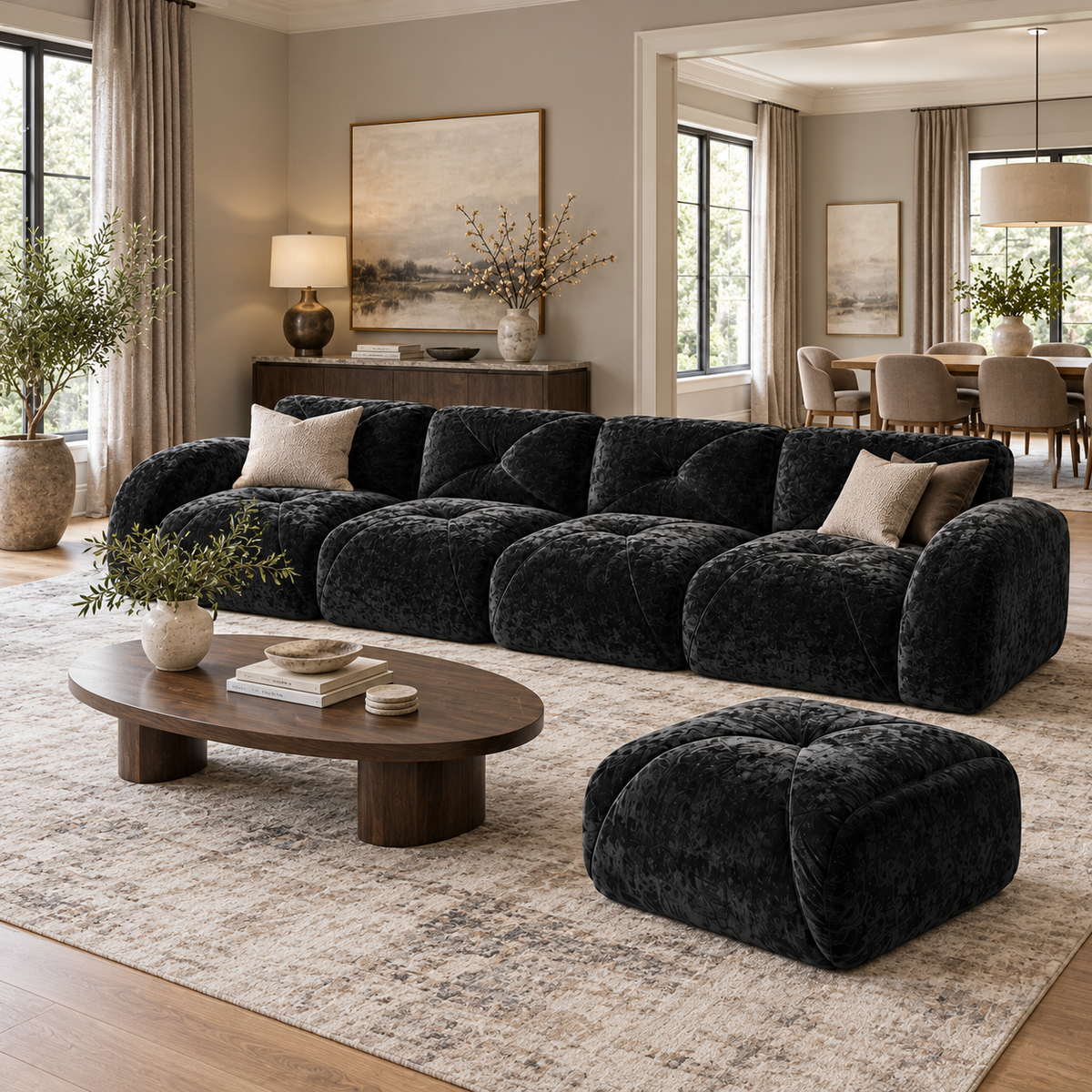 Aven 141" Large Frameless Velvet Modular L-Shaped Sectional Sofa with Ottoman and Curved Armrests