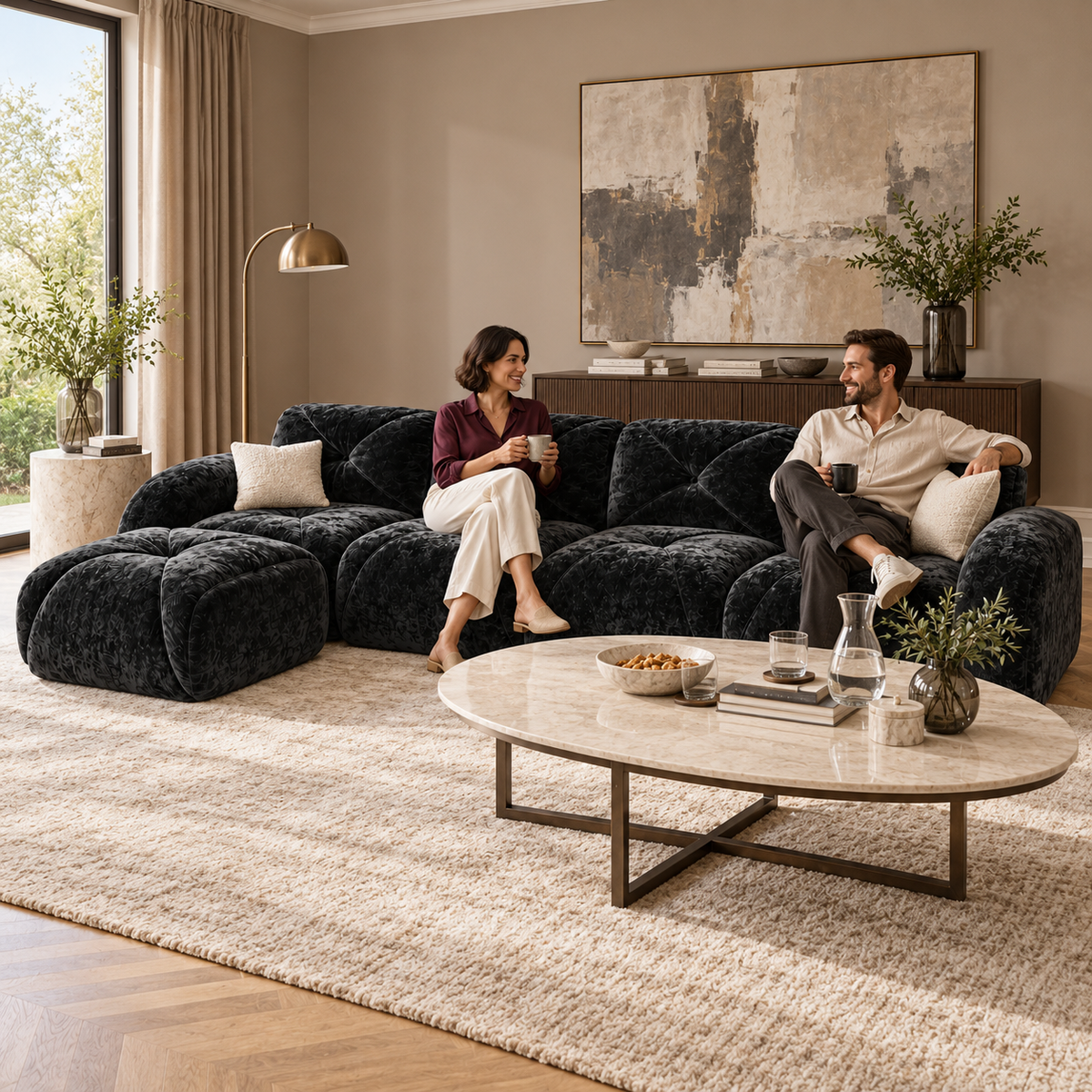 Aven 141" Large Frameless Velvet Modular L-Shaped Sectional Sofa with Ottoman and Curved Armrests