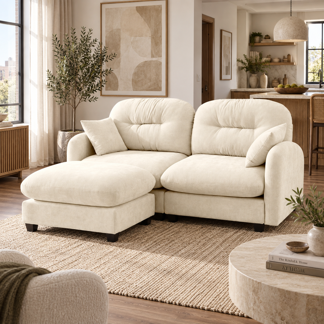 Roselyn 74" Modular Chenille Cloud L-Shaped Sectional Sofa with Ottoman