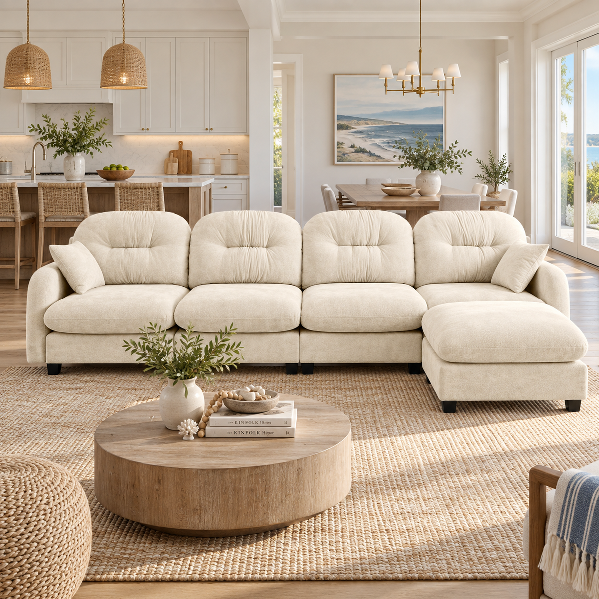 Roselyn 140" Modular Chenille Cloud L-Shaped Sectional Sofa with Ottoman