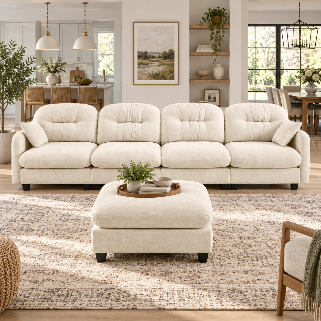 Roselyn 140" Modular Chenille Cloud L-Shaped Sectional Sofa with Ottoman