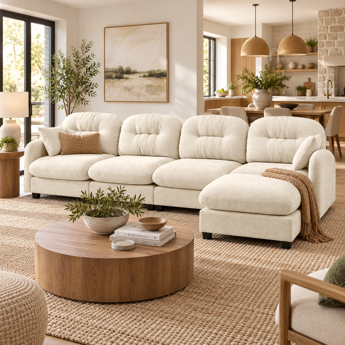 Roselyn 140" Modular Chenille Cloud L-Shaped Sectional Sofa with Ottoman